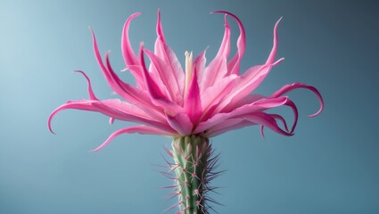 A striking pink Christmas cactus flower with elongated, curved petals that appear to twist slightly, resulting in a graceful and dynamic aesthetic.