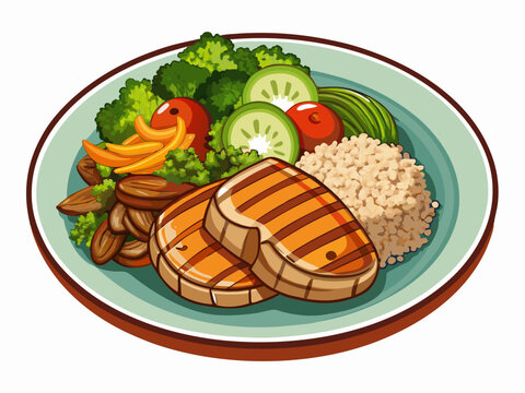 A plate with grilled chicken, brown rice, and broccoli arranged neatly. White background, balanced fitness meal