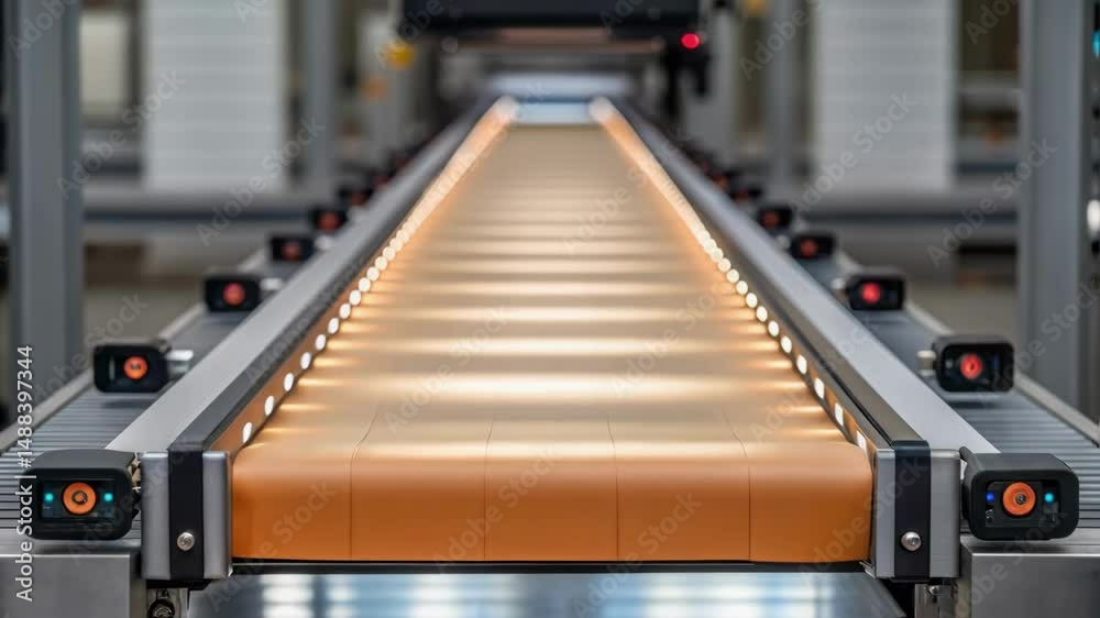 Poster empty conveyor belt moving in modern factory