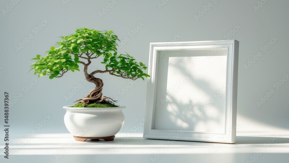 Poster home shelf positioned against a white wall with a mockup frame for text or graphics, featuring a bon