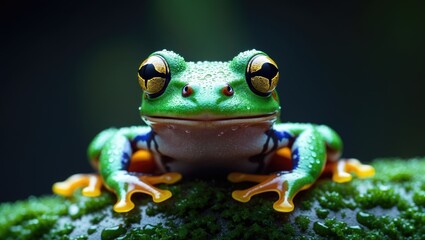 Detailed view of a flying frog's face resting on moss with a dark setting