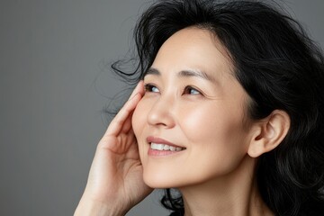 Elegant Asian woman with dark hair smiling and looking thoughtfully to the side in a serene indoor setting in Japan