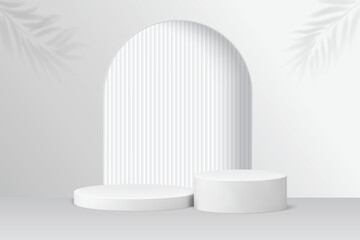 3D white cylindrical podium pedestal background with Clean wall scene. Minimal mockup or abstract product display presentation, Stage showcase. Platforms vector geometric design