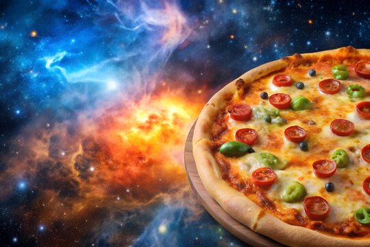 Margherita slice floats gently through nebula clouds cosmic food scene used for restaurant promotion or space-themed design materials milkyhexddway pizzas Backgrounds ads
