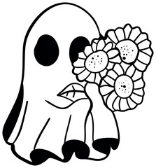 Cartoon Ghost Holding a Bouquet of Flowers sticker
