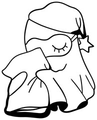 A ghost reads a sticker before going to bed.