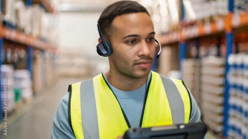 Poster warehouse worker managing inventory with digital tablet and headset