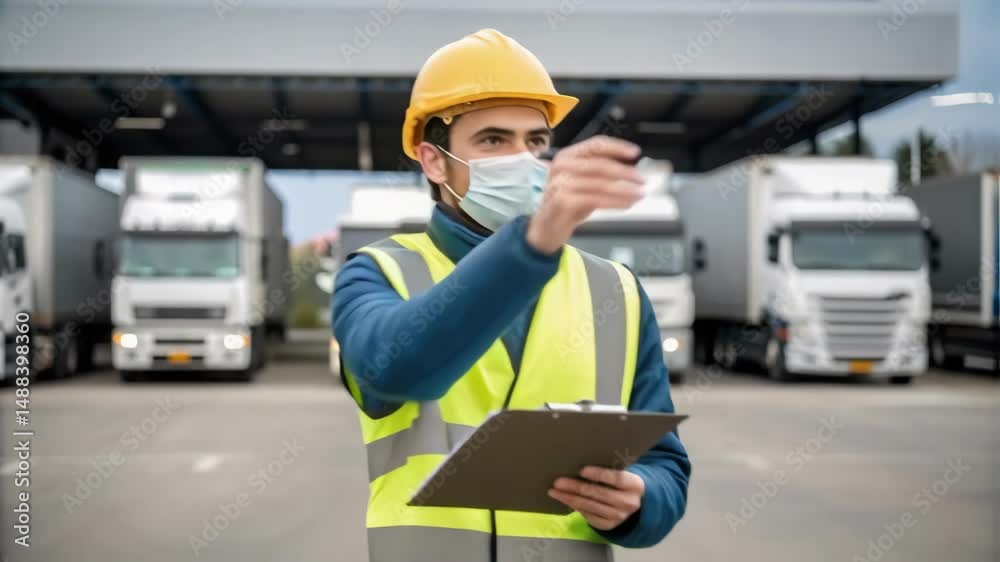 Poster logistics worker wearing face mask and taking notes on clipboard in front of trucks