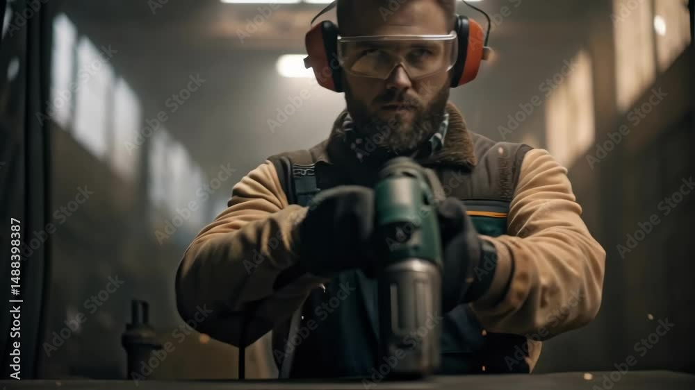 Poster Industrial worker using power tool, creating sparks in workshop