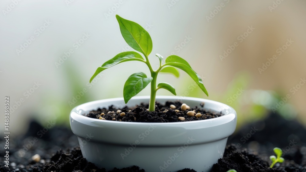 Poster close-up view of a young chili seedling in a white pot with a blurred backdrop.