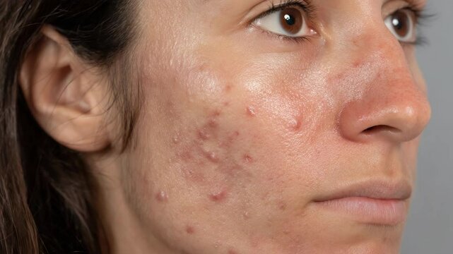 Close-up showing skin condition on a young adult's face, showcasing breakouts, inflammation, texture, and hyperpigmentation on cheek and nose area.