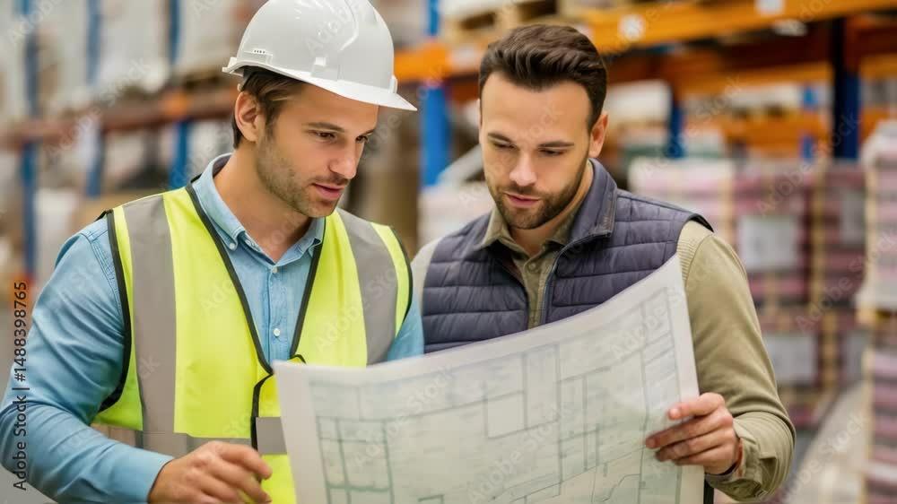 Poster engineers analyzing blueprint in warehouse