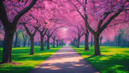 Naklejka premium Scenic walk amid blossoming trees in a park during the colorful spring season.