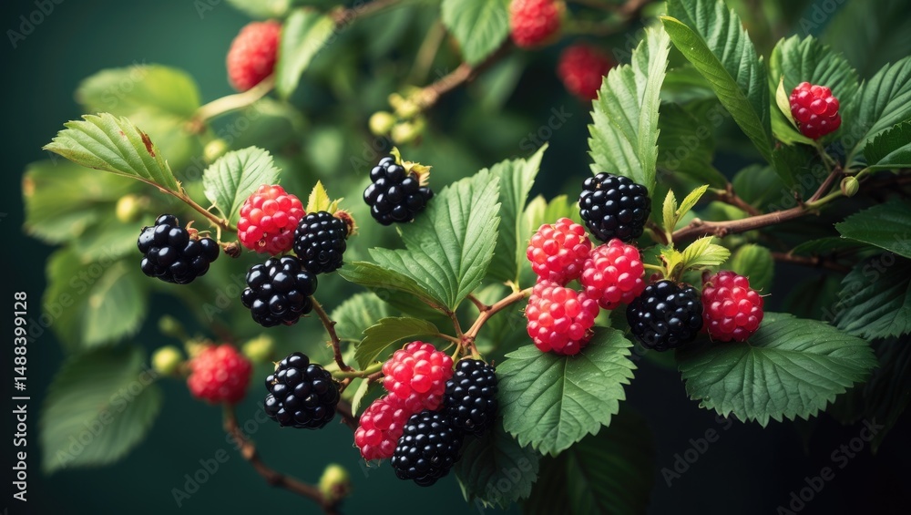 Poster branch of black raspberry or blackberry featuring unripe red and ripe black fruit set against green 