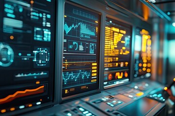 Futuristic cockpit displays with various data visualizations