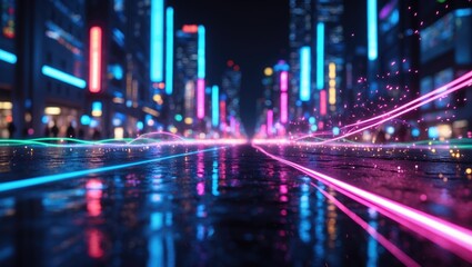 Fototapeta premium Neon Lights with Sparkles and Glowing Lines in a Futuristic Setting