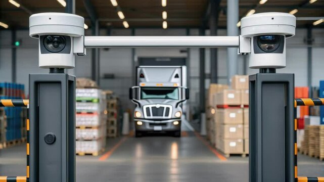 White semi trailer truck entering warehouse through security gate