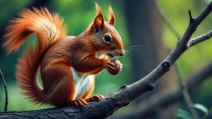 Obraz premium Sciurus. Rodent. The squirrel rests on a tree while eating. Lovely squirrel in the park.