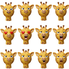 Giraffe faces with various emotions cartoon illustration set