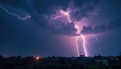 Fierce lightning strikes amidst torrential rain, lightning strike, dramatic, clouds