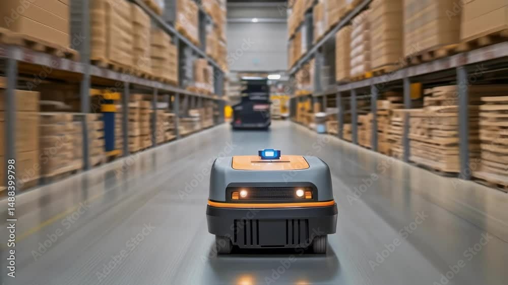 Poster autonomous mobile robot moving through warehouse aisles