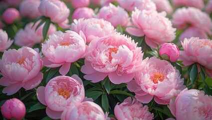 Fototapeta premium A close-up of numerous fresh, stunning pastel pink peony flowers in full bloom. A vibrant floral texture for the background.