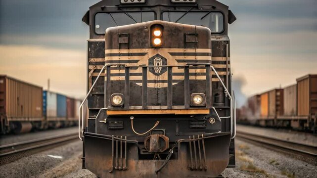 Diesel locomotive slowly approaching on railway at sunset