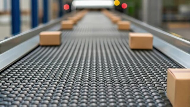 Cardboard boxes moving on conveyor belt in distribution warehouse