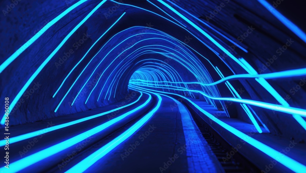 Poster underground passage illuminated by blue neon light. abstract background featuring lines and a glow.
