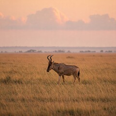 A hartebeest moves calmly through open plains, horns sharp against rising sky painted with early light and distant clouds.