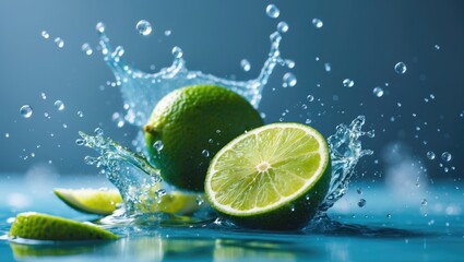 Freshly cut lime with water splashes against a colorful backdrop