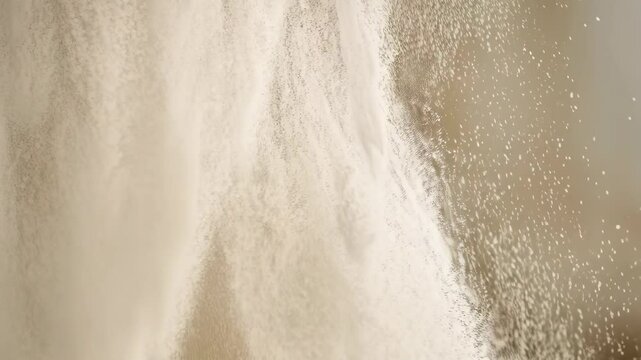 Abstract view of an explosive plume of white powder material with particles suspended in the air against a neutral colored background