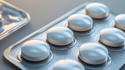 A close-up shot of a bottle filled with six identical white pills.