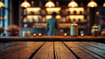 Wooden table space available for product display with a indistinct background