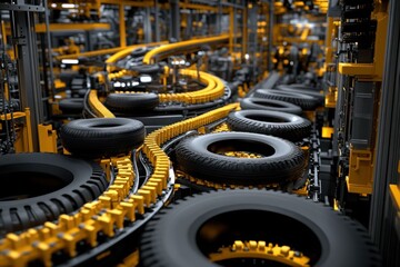Fototapeta premium Industrial Conveyor System for Tire Processing in Manufacturing Plant