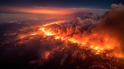 Naklejka premium Inferno: Aerial View of a Devastating Wildfire at Night