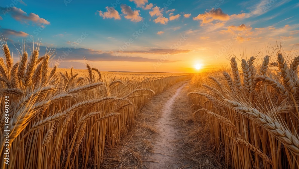 Poster Sunset over a wheat field with a winding path