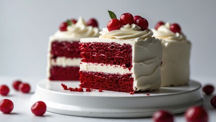 White background showcasing red velvet cake with cream cheese filling.