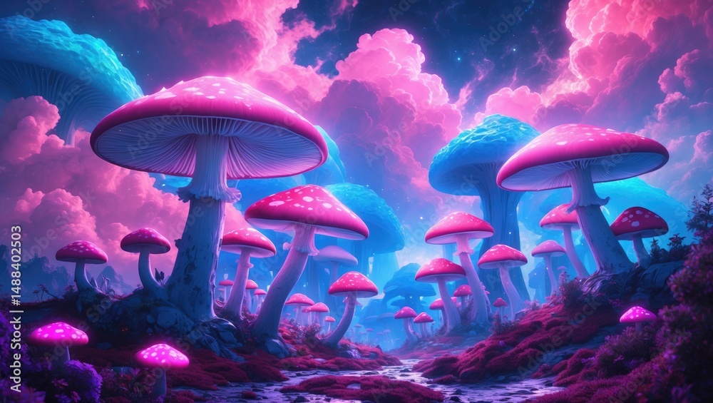 Poster massive mushrooms. dreamlike landscape. digital artwork. imaginary abstract world. advanced concept 