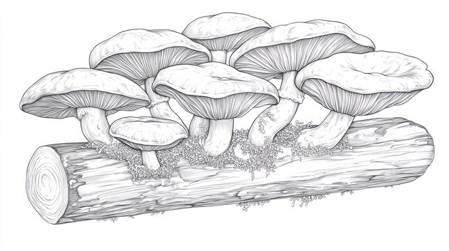 mushrooms on log black and white drawing clip art preview