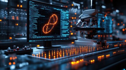 Futuristic lab interior with computer and microscope