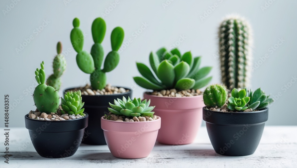 Poster variety of tiny succulents and cacti in a black pot on a background