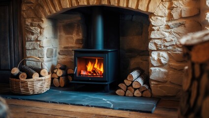 Cottage interior showcasing a wood burner fireplace, hearth, and basket for log storage.