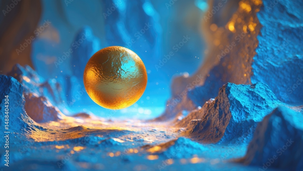 Poster abstract canvas artwork featuring a golden ball on a blue background, suitable for use as a poster o