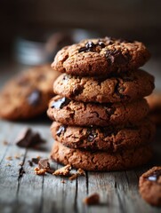 Fototapeta premium Delicious chocolate chip cookies stacked on rustic wooden surface