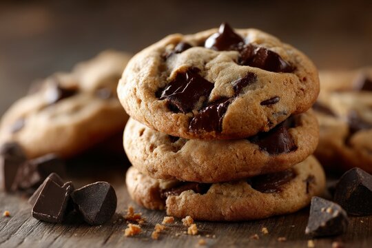 Freshly baked chocolate chip cookies stacked on a wooden table