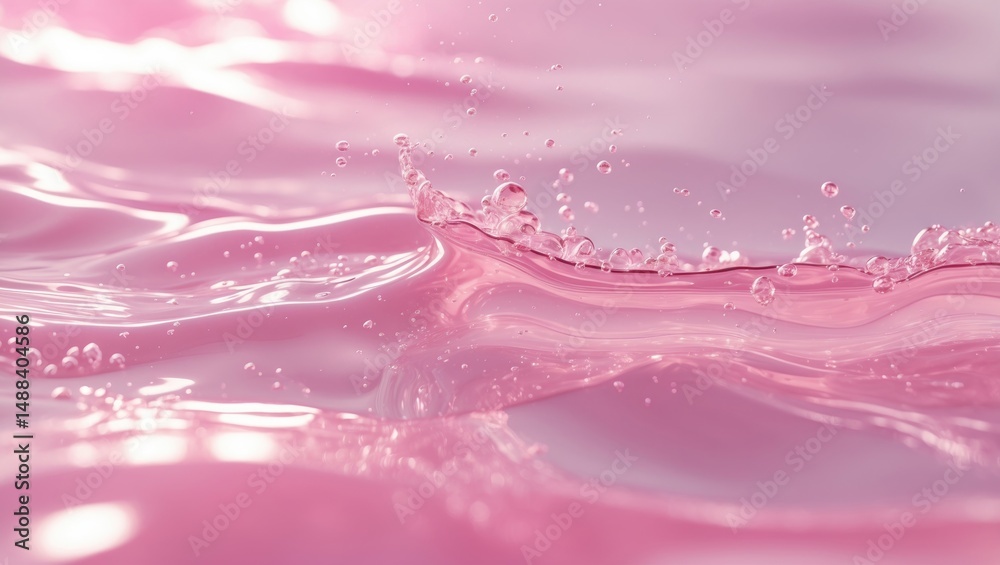 Poster close-up of a serene pink transparent water surface with splashes and bubbles. stylish abstract summ