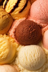 Realistic macro close-up of assorted ice cream scoops in multiple flavors, including chocolate, vanilla, strawberry, mango, and caramel, with one topped with chocolate syrup. 
