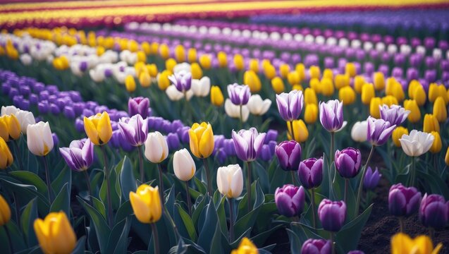 Bright tulip fields showcasing purple, white, and yellow flowers in full bloom