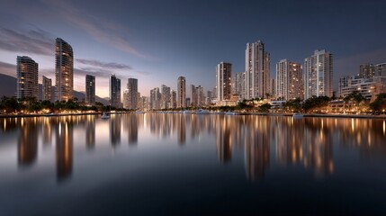 Fototapeta premium Modern City Skyline with Skyscrapers Reflected in Water